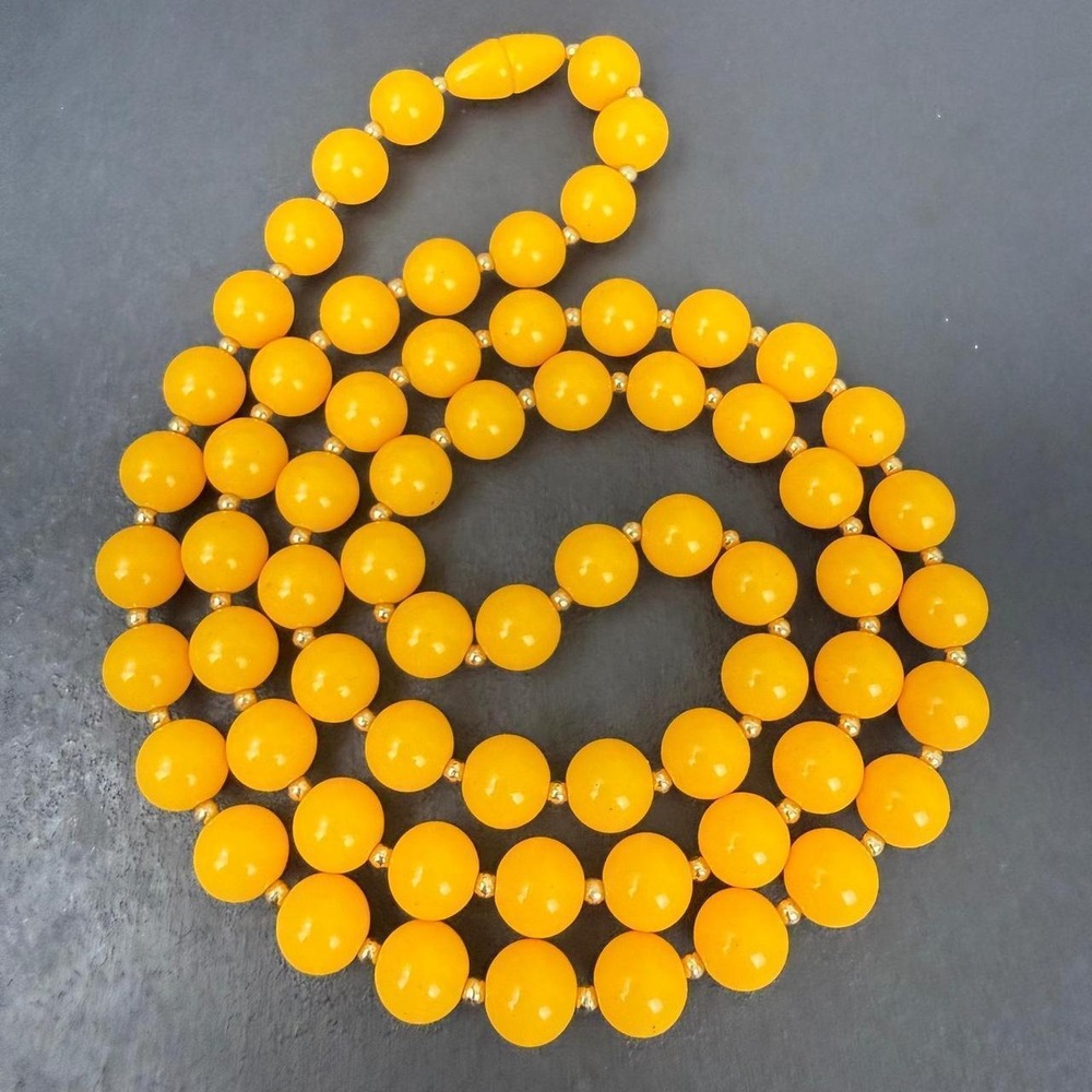 Vintage Yellow Bead Necklace Gold Tone Spacer Single Strand Retro Round Plastic